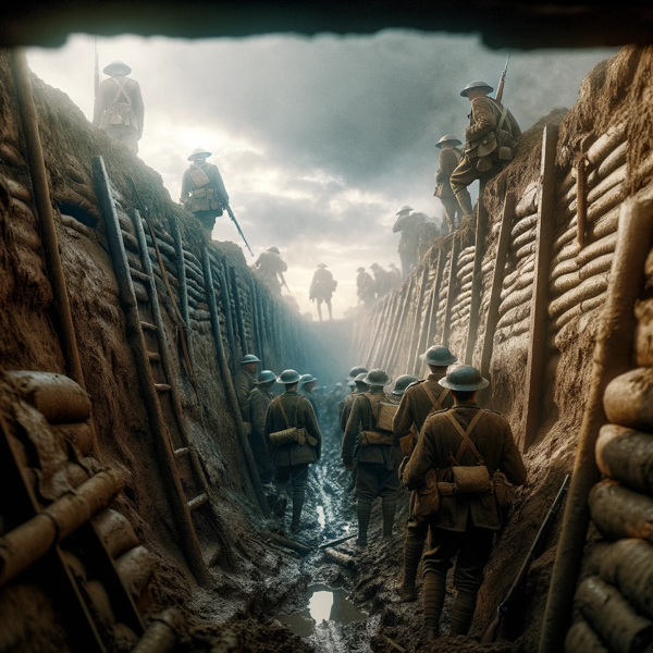 DALL E 2023 11 09 19 00 53  A World War I trench scene in the midst of battle with a narrow strip of sky visible above The environment is chaotic with the earthen walls of the